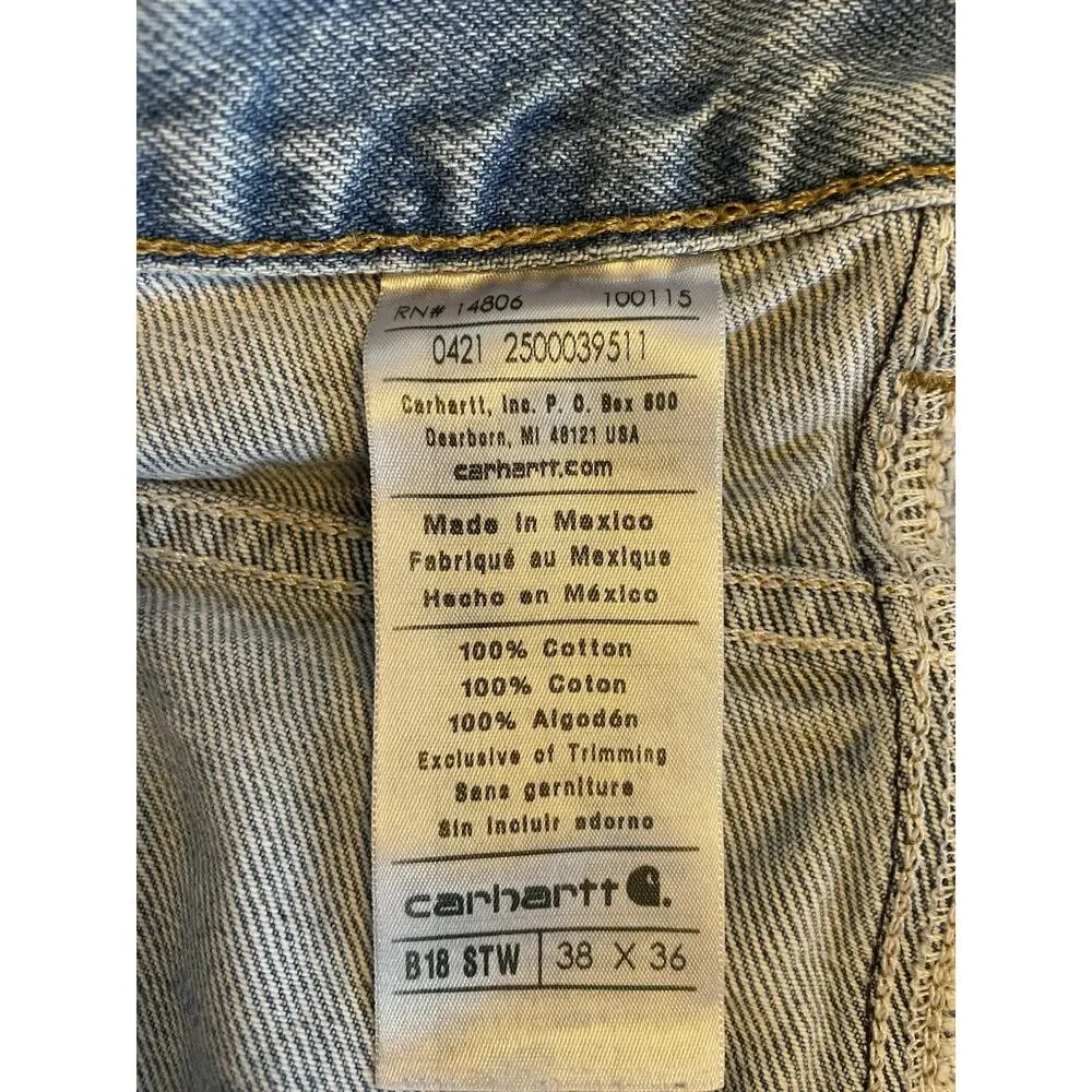 Men Carhartt B18 STW Light Wash Denim Blue Jeans 38 x 36 (Fit: 37 x 35) Straight